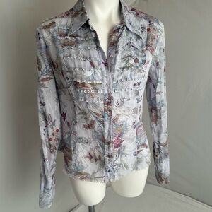 Express Y2K ruffle front light blue multicolor print button down shirt